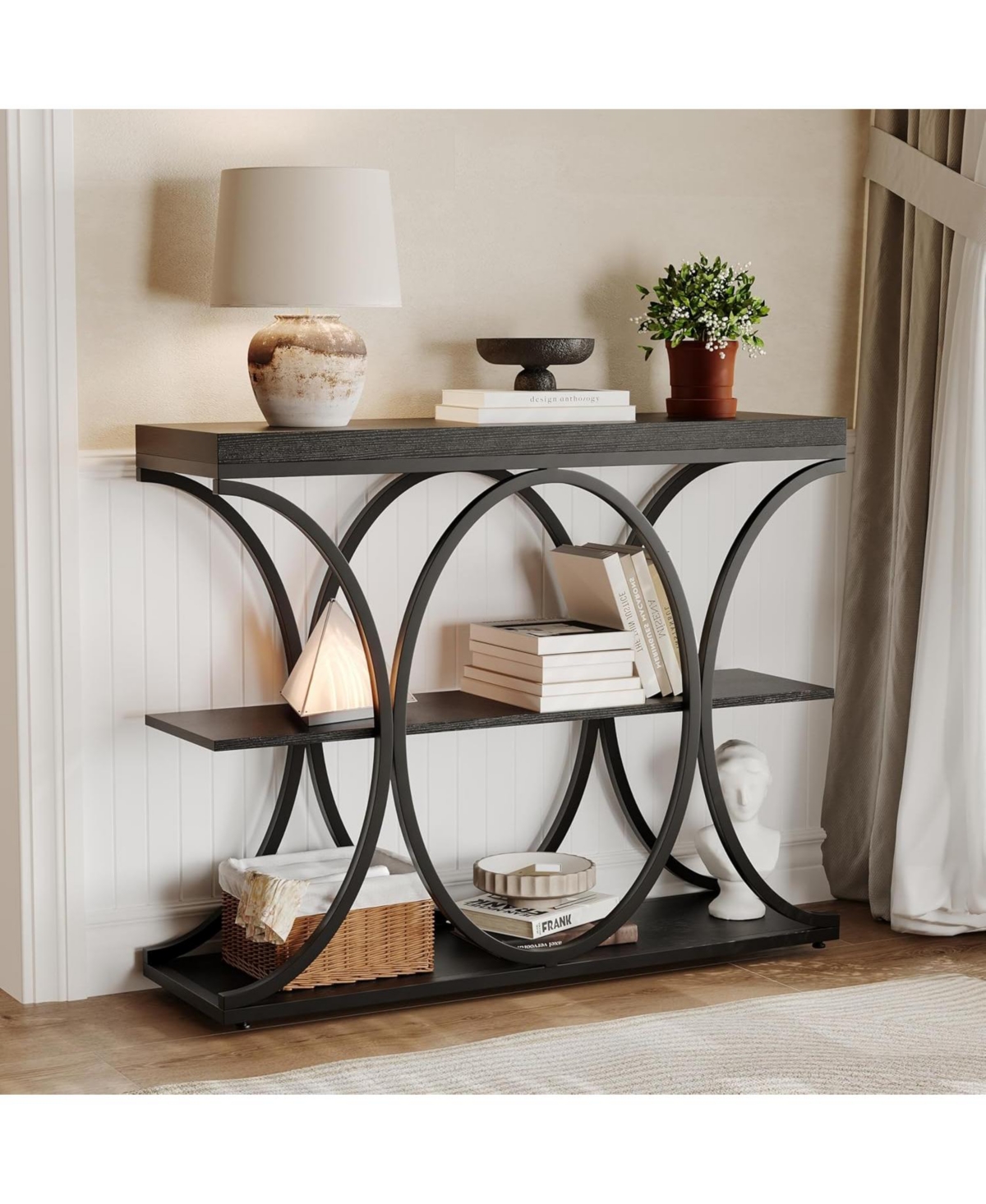gaomon 39" Narrow Console Table for Entryway, Industrial 3-Tier Sofa Table, Round Metal Base, Storage Shelves