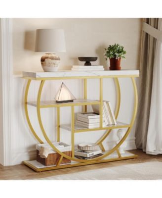 Modern 39" Console Table, 4-Tier Narrow Entryway with Storage Shelves, Marble Top, Metal Geometric Frame