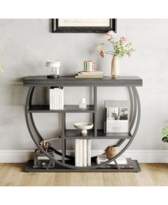 39" Industrial Console Table, 4-Tier Entryway Sofa Table, Metal Geometric Frame, Rustic Wood Top