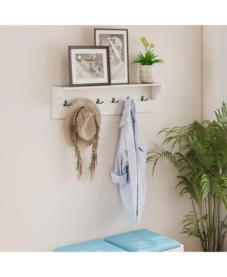 Wall Mounted Wooden Coat Rack with Shelf and Six Hooks