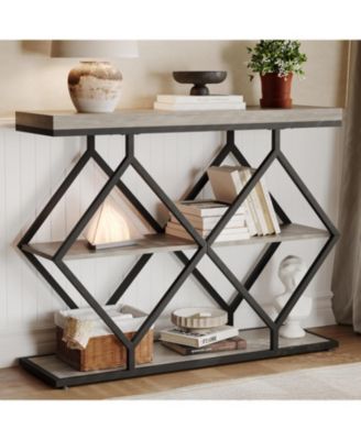 3-Tier Entryway Table, Industrial Console Sofa Table, Open Storage Shelves, Diamond Metal Frame
