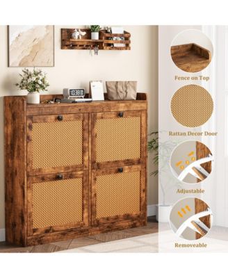 Rattan Wooden Shoe Cabinet with 4 Flip Drawers and Adjustable Shelves