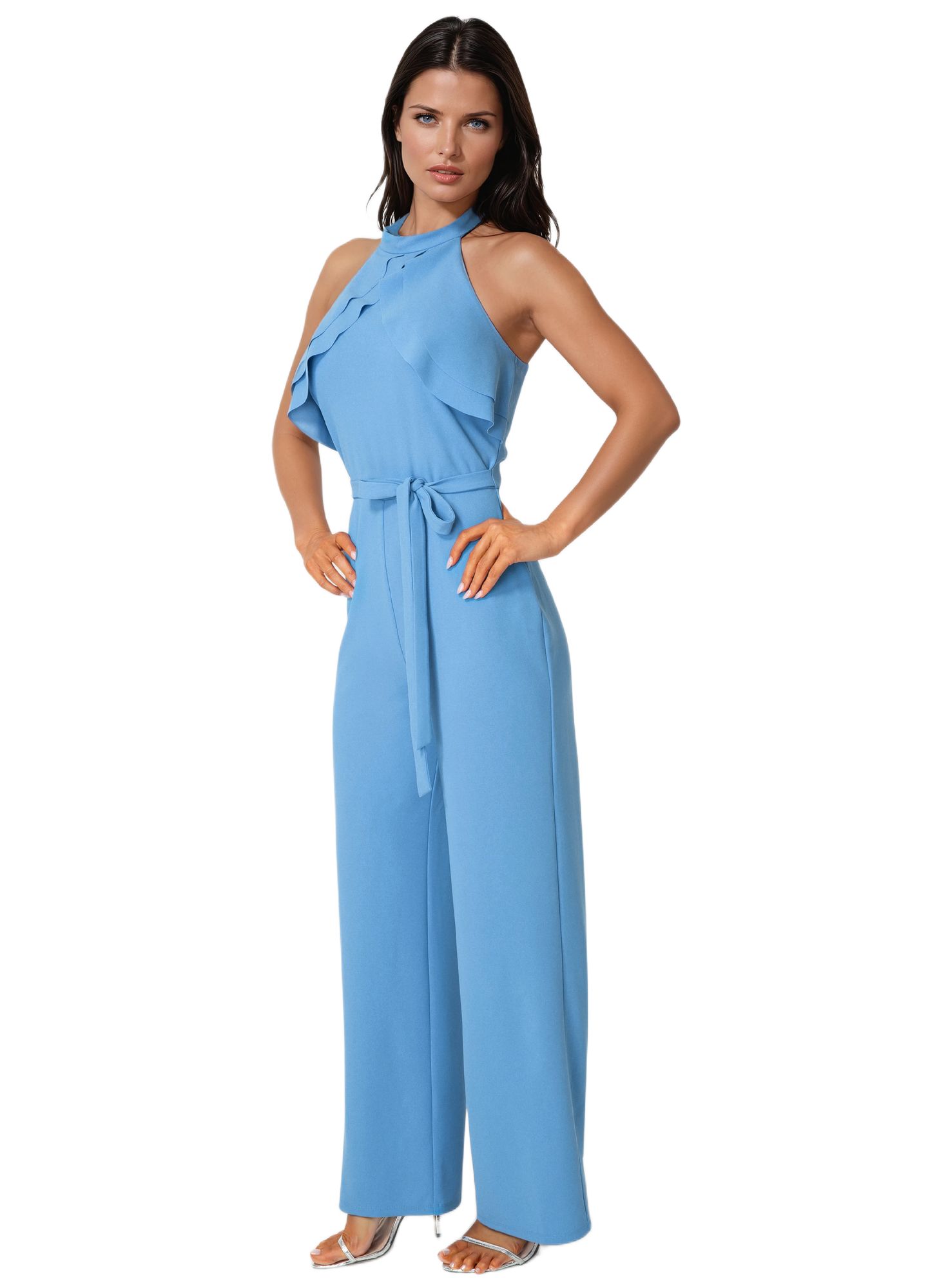 Женский комбинезон Bebe Scuba Crepe Ruffled Halter Jumpsuit, цвет: Синий — фото 2