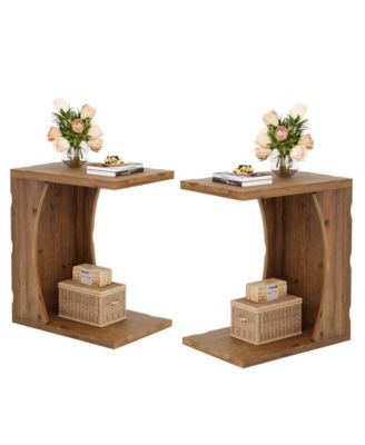 C-Shaped End Table for Living Room Set of 2, Solid Wood Narrow Skinny Side Table, Farmhouse Bedside Nightstand