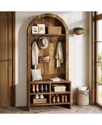 70.87 Inch Hall Tree with Bench and Shoe Storage, Arched Coat Rack with 4 Hooks and 4 Cubbies, Entryway Bench