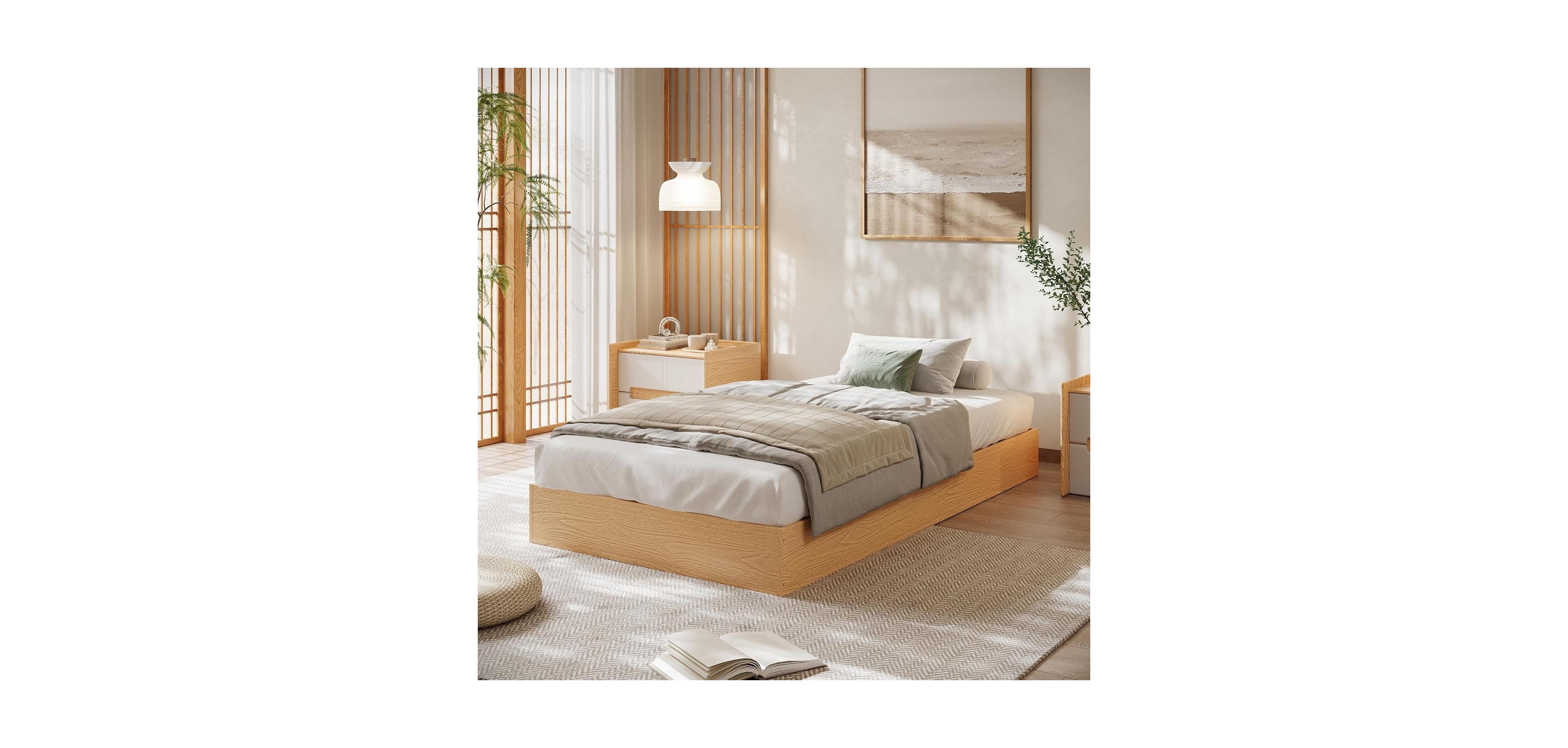 gaomon Wood Platform Bed Frame, Wooden Frame Without Headboard, Slat Support, No Box Spring Needed