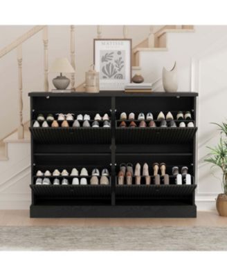 Fluted Shoe Cabinet with 4 Flip Drawers and Adjustable Removable Shelves, Freestanding Slim Shoe Organizer