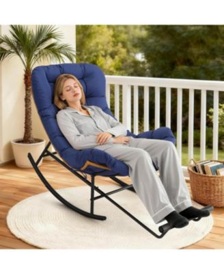 Papasan Rocking Chair with Footrest, Oversized Rattan Chair with Removable Cushion, PE Rattan Metal Frame, Indoor/Outdoor