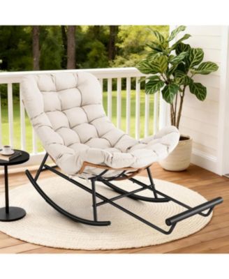 Papasan Rocking Chair with Removable Polyester Cushion, Extendable Footrest, Rattan Rocker