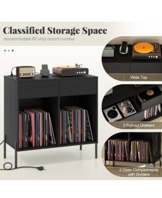 Record Player Stand with Power Outlets Double Wide Turntable Stand Vinyl Record Storage Table