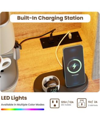 68.7" Coffee Bar Cabinet with LED Light & Power Outlet, Farmhouse Kitchen Hutch with 2 Storage Drawers, Wine Glass Rack, Adjustable Shelves