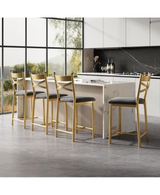 Set of 4 Gold 22" Bar Stools, Counter Height, PU Upholstered Seat, Metal Frame, X-Back, for Kitchen Island, Dining Room