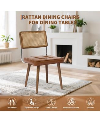 Set of 4 Natural Rattan Dining Chairs with Upholstered Seat and Solid Wood Legs, Modern Boho Kitchen Seating