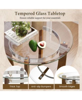 24 Inches Round Side Table with Tempered Glass Top and Solid Rubber Wood Base-Walnut