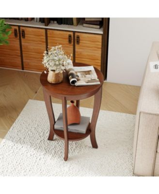 2-tier Round End Table with Solid Wood Legs