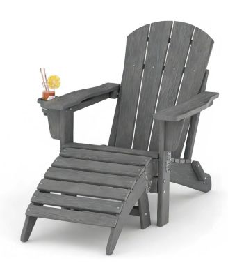Folding Adirondack Chair Set of 2 with Ottoman, All-Weather HDPE Outdoor Chair, Wooden Textured with Cup Holder for patios, Decks