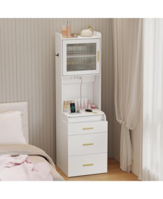 Makeup Vanity with Power Outlets and Flip-top Mirror and Storage Stool