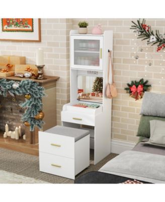 Makeup Vanity with Power Outlets and Flip-top Mirror and Storage Stool