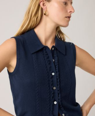Women's Super Soft Mini Ruffle-Sleeveless Collared Vest