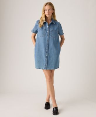Women's Short-Sleeve Collared Denim Shirt Dress