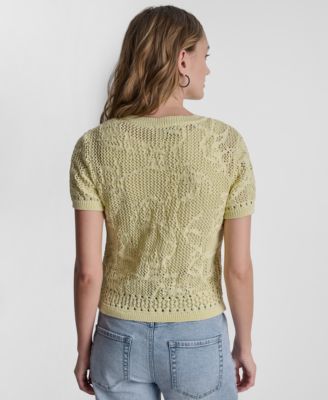 Petite Short-Sleeve Crew Neck Cardigan Sweater