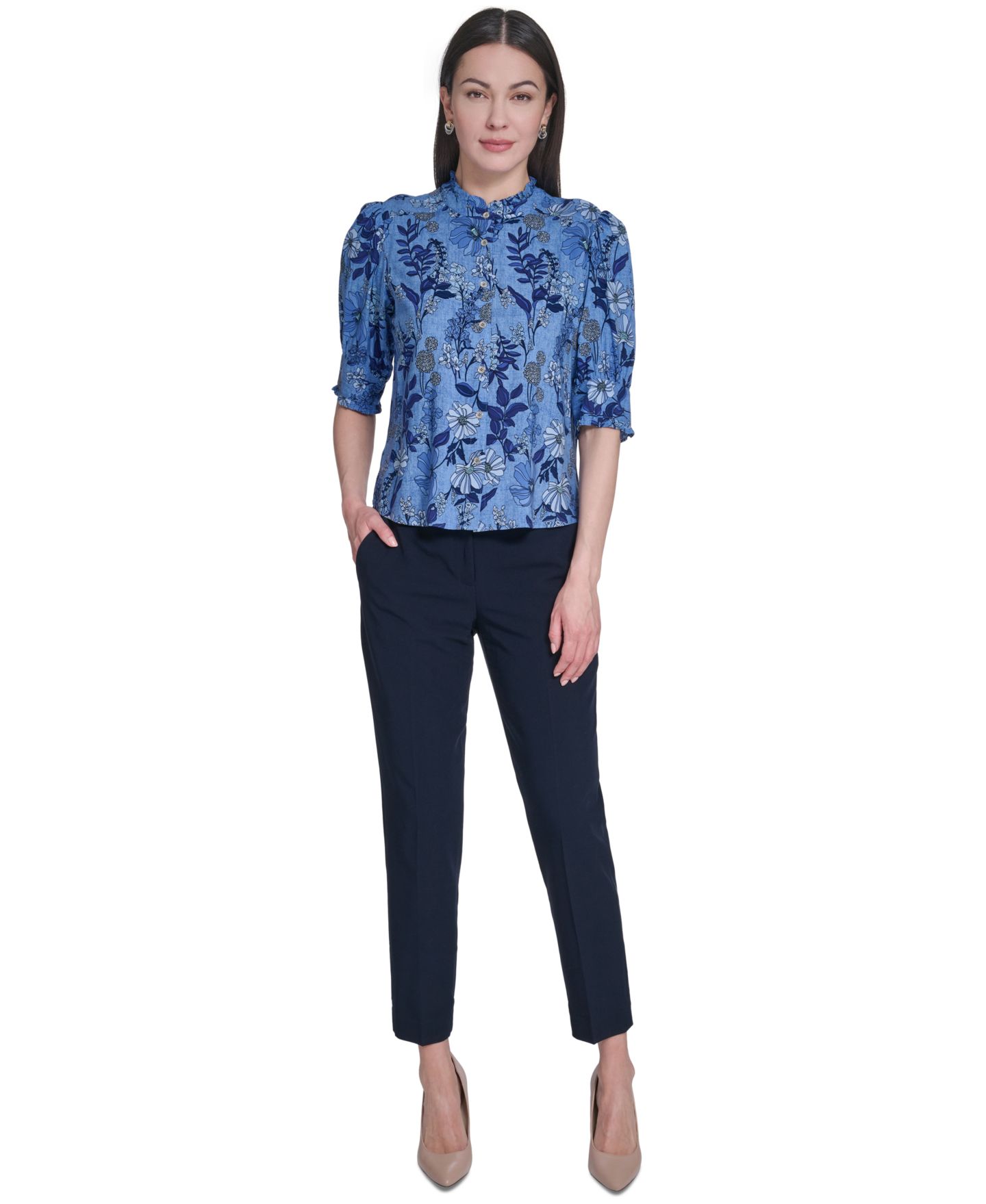 Женская блузка Tommy Hilfiger Floral Print Elbow-Sleeve Blouse, цвет: Синий разноцветный — фото 5