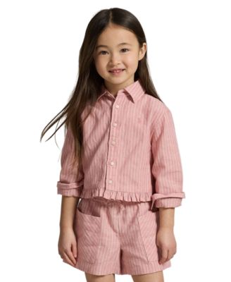 Girls' 2-6X Striped Point Collar Ruffled Shirt