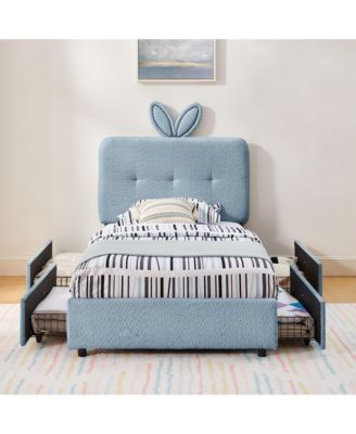 Boucle Twin Size Kids Bed Frame, Upholstered Platform Bed with 4 Storage Drawers, LED Lights and Cute Rabbit Ear Headboard for Boys Girls