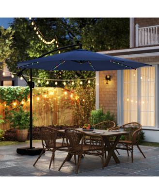 10 ft Solar Offset Hanging Umbrella with Base and LED Lights