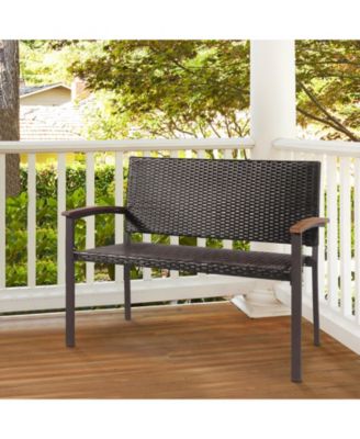 Outdoor Patio Rattan Wicker Bench with Armrests for Garden