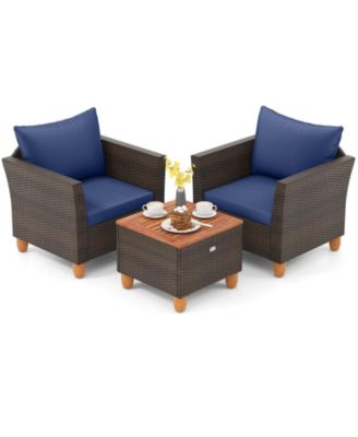 3PCS Patio Rattan Bistro Furniture Set Wood Table Top Cushion Sofa