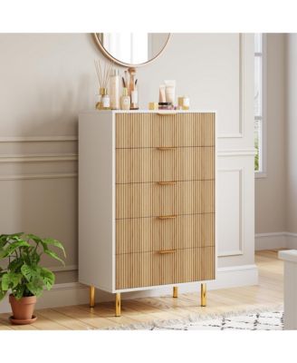 5 Drawer Tall Wood Dresser Wooden Cabinet with Handles Wide Modern Storage for Living Room Hallway