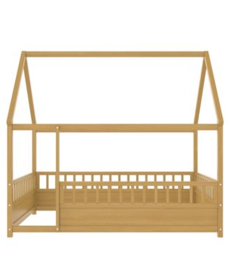 Wooden Floor Bed With House Roof Frame And Fence Guardrails Natural For Kids