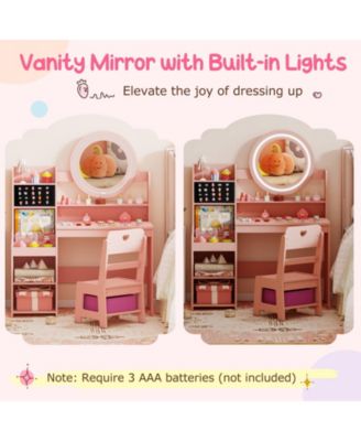 Kids Vanity Desk with Mirror and Lights Princess Pretend Play Dressing Table and Chair Set