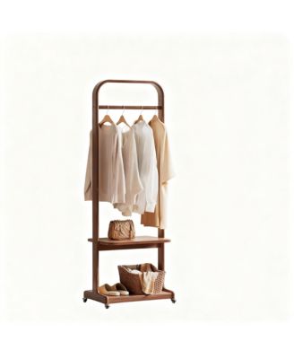 Portable Wood Clothing Rack with Hooks and Shelves