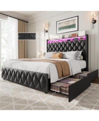Queen Upholstered Platform Bed Frame with 4 Drawers, Nailhead Headboard, Charging Station, LED Lights, No Box Spring