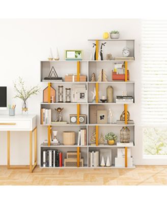 5-Tier/6-Tier Geometric Bookcase with Metal Frame and Anti-tipping Kits-5 Tier