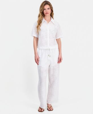 Petite Cotton Embroidered Eyelet Wide-Leg Pants