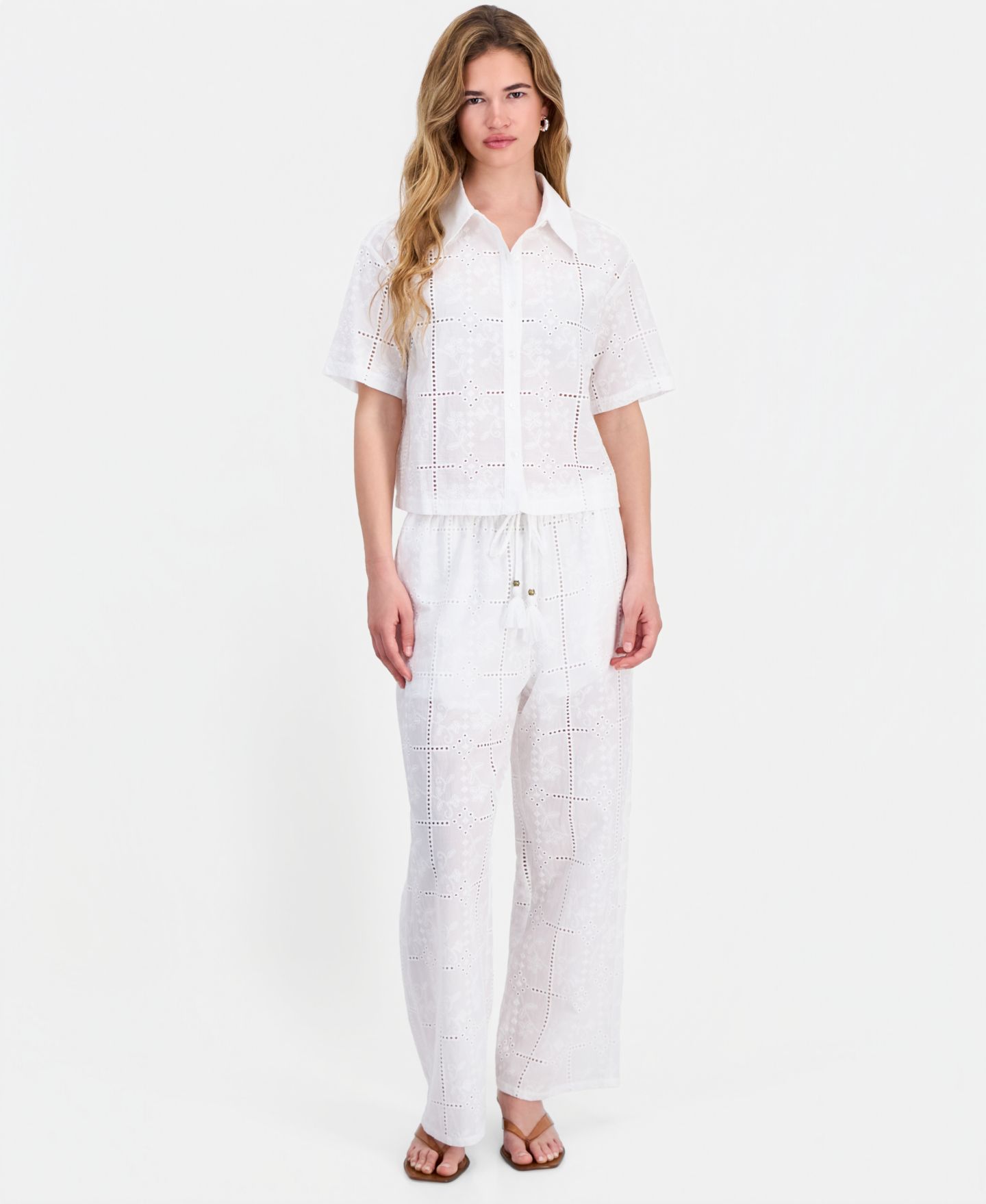 Женские брюки And Now This Petite Cotton Embroidered Eyelet Wide-Leg, цвет: Яркий белый — фото 1