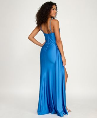 Juniors' Sleeveless Cowl Neck Shiny Knit Gown