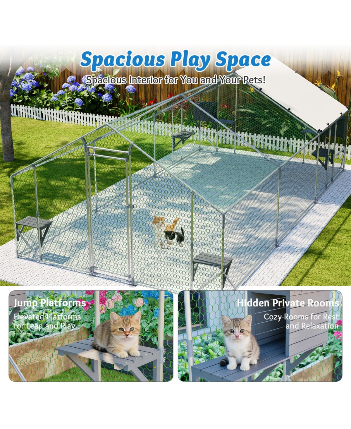 Zeus and Ruta 3 x 2/6 m Outdoor Metal Cat Cage With Diy Solid Wood Platform Double Safety Lock and Waterproof Tarp