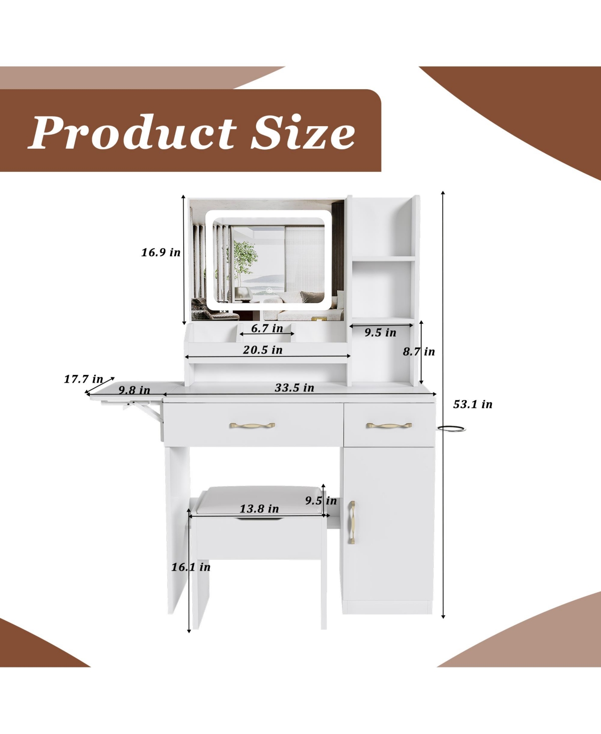 Rainsken Makeup Vanity Set with Storage Stool, Dressing Table with Led Mirror Lights, Power Outlet Charging Station, Drawers and Cabinets for Bedroom