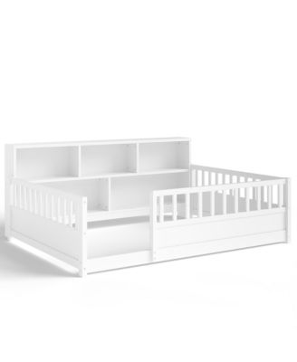 Full Size Montessori Floor Bed Frame, Low Profile Wooden Bed with Bookcase Storage and Safety Guardrails for Boys and Girls