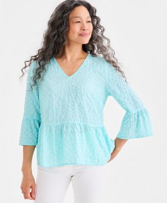 Women's Printed V-Neck Seersucker Peplum Top