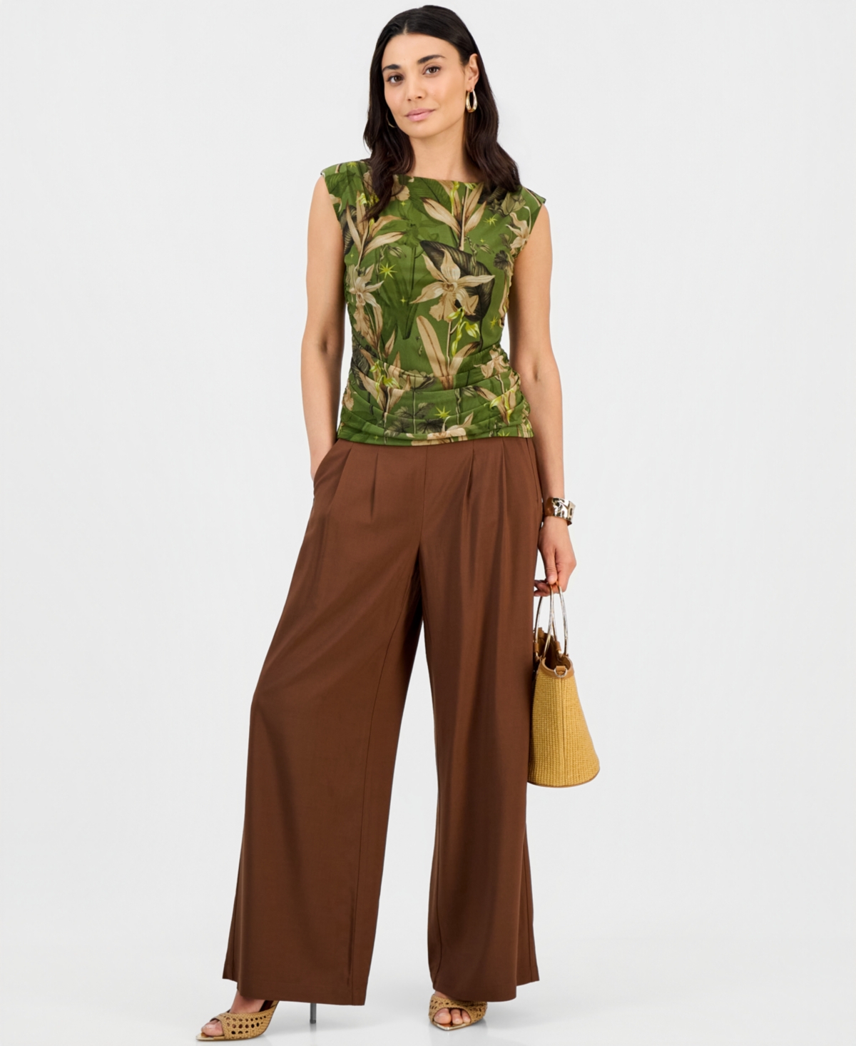 I.n.c. International Concepts Printed Sleeveless High-Neck Ruched Mesh Top, Macy's Exclusive