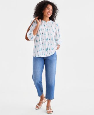 Style & Co Women's Cotton Pintuck-Front 3/4-Sleeve Top, Macy's