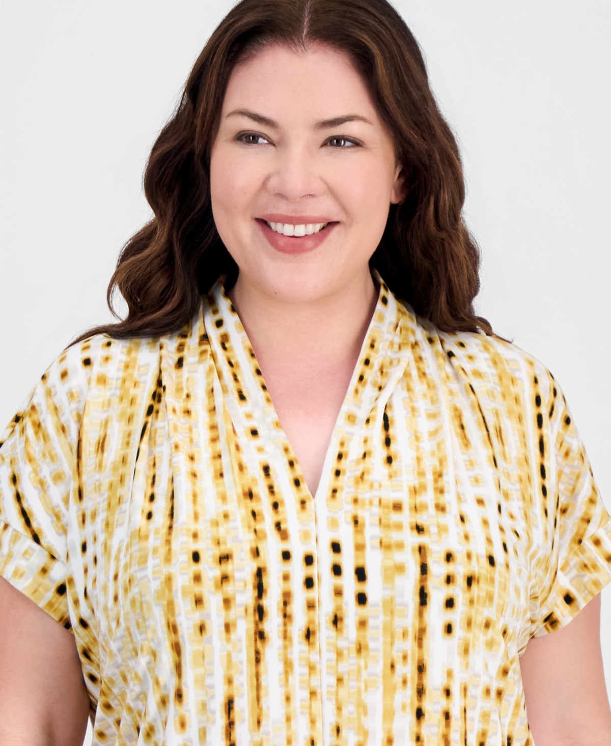 Kasper Plus Printed V-Neck Short-Sleeve Blouse