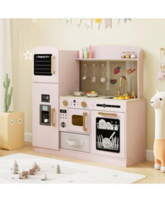 Wooden Kids Kitchen Playset with Chalkboard, Ice Maker, Sink, Microwave.