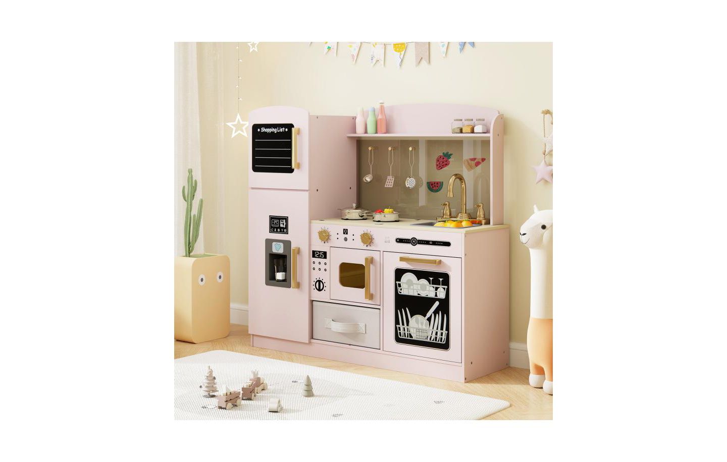 Детский игровой набор HONGGE Wooden Lighted-Microwave Kitchen Playset with Ice Maker, Ages 3+, цвет: Розовый — фото 4