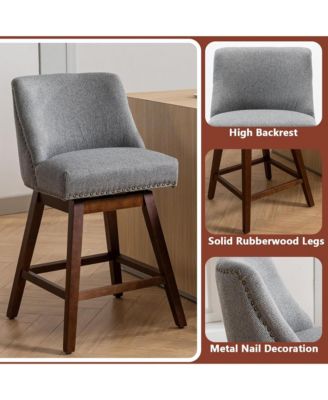 Swivel Bar Stools Set of 2, Modern Upholstered Counter Height Chairs with Wooden Legs and Nailhead Trim for Kitchen Island